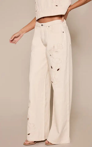 Ecru Floral Embroidery Cut Out Detail Wide Leg Jean