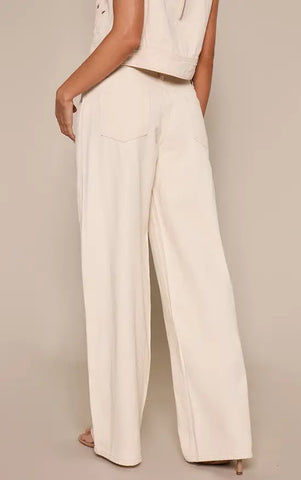 Ecru Floral Embroidery Cut Out Detail Wide Leg Jean