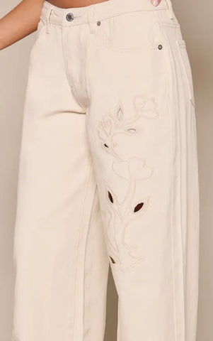 Ecru Floral Embroidery Cut Out Detail Wide Leg Jean
