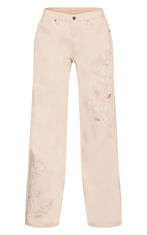 Ecru Floral Embroidery Cut Out Detail Wide Leg Jean