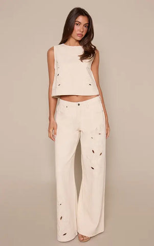Ecru Floral Embroidery Cut Out Detail Wide Leg Jean