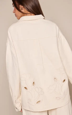 Ecru Floral Embroidery Cut Out Detail Denim Shirt