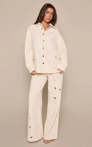 Ecru Floral Embroidery Cut Out Detail Denim Shirt