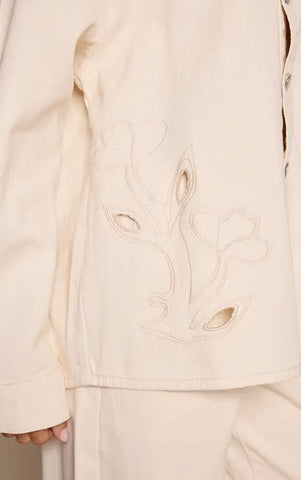 Ecru Floral Embroidery Cut Out Detail Denim Shirt