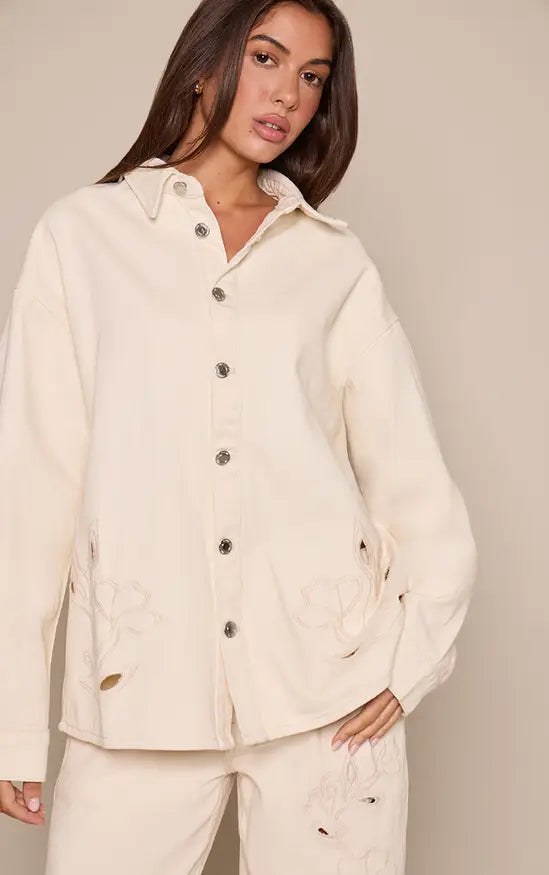 Ecru Floral Embroidery Cut Out Detail Denim Shirt