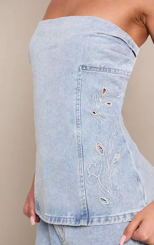 Mid Blue Embroidery Detail Longline Denim Bandeau Top