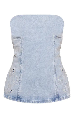 Mid Blue Embroidery Detail Longline Denim Bandeau Top