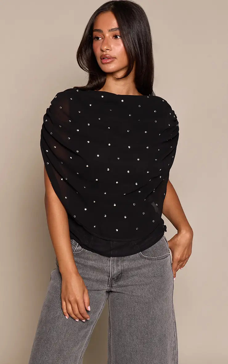 Petite Black Stud Detail Ruched Cape Top