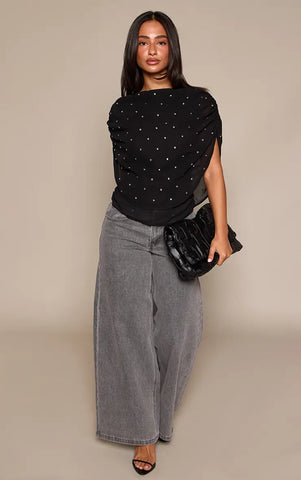 Petite Black Stud Detail Ruched Cape Top