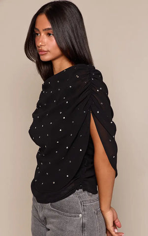 Petite Black Stud Detail Ruched Cape Top