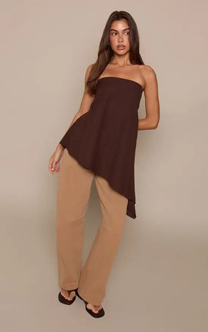 Linen Look Bandeau Asymmetric Hem Floaty Long Top