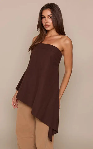 Linen Look Bandeau Asymmetric Hem Floaty Long Top