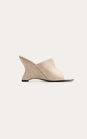 Faux Linen High Vamp Mule Curved Wedges