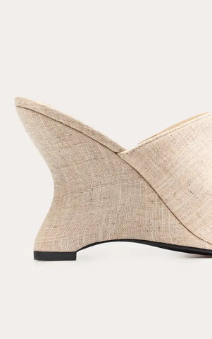 Faux Linen High Vamp Mule Curved Wedges