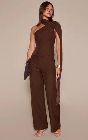 Tailored Woven Shoulder Cape Top and Trousers