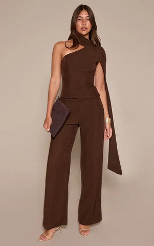 Tailored Woven Shoulder Cape Top and Trousers