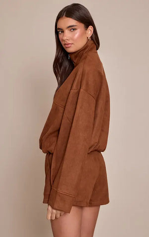 Faux Suede Funnel Neck Zip Up Jacket