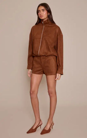 Faux Suede Funnel Neck Zip Up Jacket