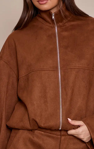 Faux Suede Funnel Neck Zip Up Jacket