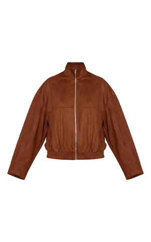 Faux Suede Funnel Neck Zip Up Jacket