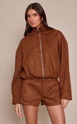 Faux Suede Funnel Neck Zip Up Jacket