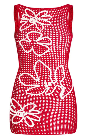 Contrast Flower Rope Detail Crochet Knit Mini Dress