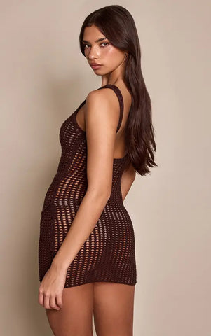 Contrast Flower Rope Detail Crochet Knit Mini Dress