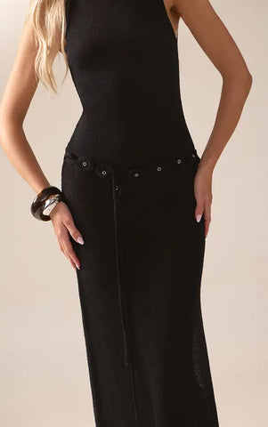 Black Belt Detail Knitted Maxi Dress