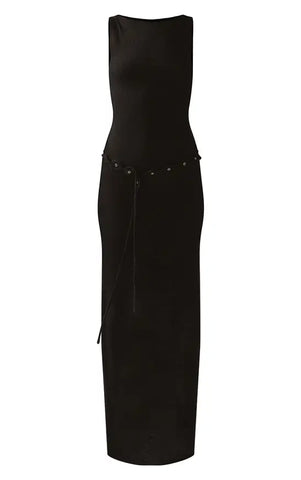 Black Belt Detail Knitted Maxi Dress