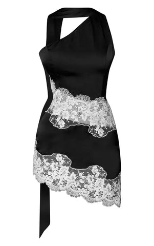 Black Satin Contrast Lace Asymmetric Mini Dress