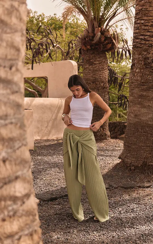 Mushroom Textured Woven Wrap Tie Trousers