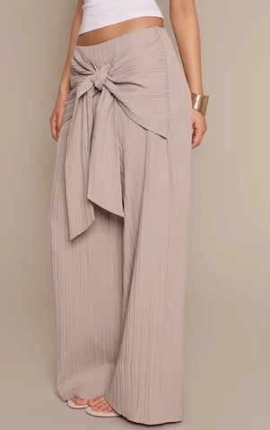 Mushroom Textured Woven Wrap Tie Trousers - Mushroom