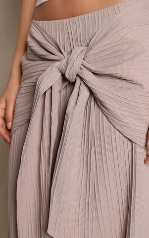 Mushroom Textured Woven Wrap Tie Trousers - Mushroom