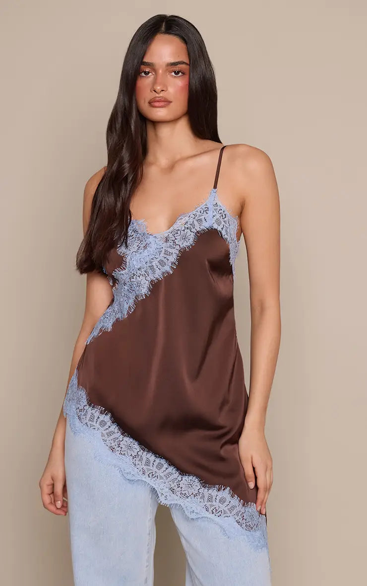 Chocolate Satin Contrast Lace Detail Asymmetric Long Top