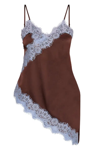 Chocolate Satin Contrast Lace Detail Asymmetric Long Top