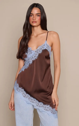 Chocolate Satin Contrast Lace Detail Asymmetric Long Top