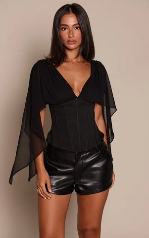 Corset Waist Chiffon Drape Sleeve Top