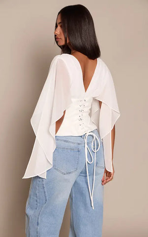 Corset Waist Chiffon Drape Sleeve Top