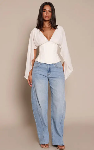 Corset Waist Chiffon Drape Sleeve Top