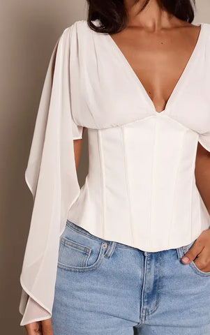 Corset Waist Chiffon Drape Sleeve Top
