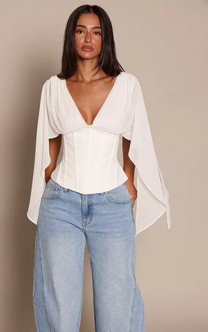Corset Waist Chiffon Drape Sleeve Top