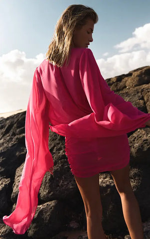 Fuschia Chiffon Plunge Mini Beach Dress