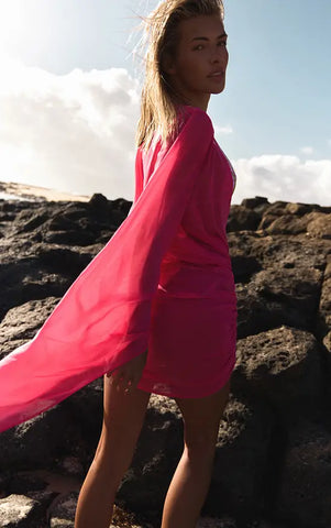 Fuschia Chiffon Plunge Mini Beach Dress