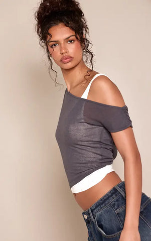 Charcoal Double Layer Sheer Knit Tank Top