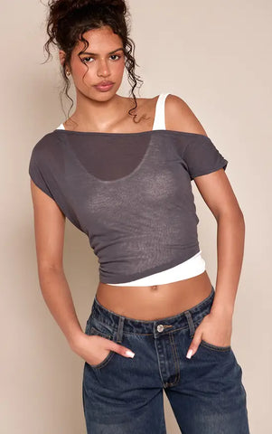 Charcoal Double Layer Sheer Knit Tank Top