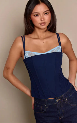 Woven Contrast Lace Detail Strappy Corset