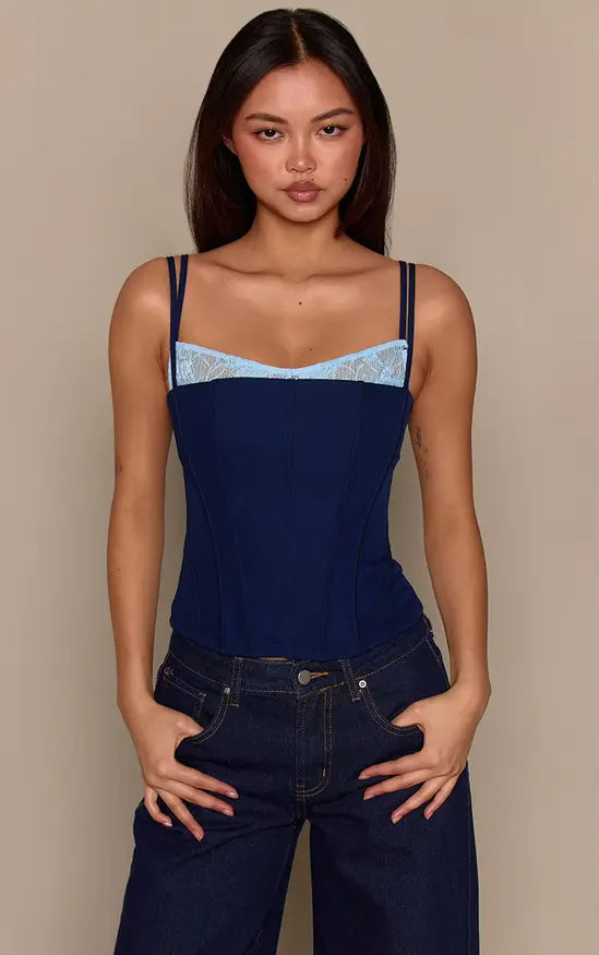 Woven Contrast Lace Detail Strappy Corset
