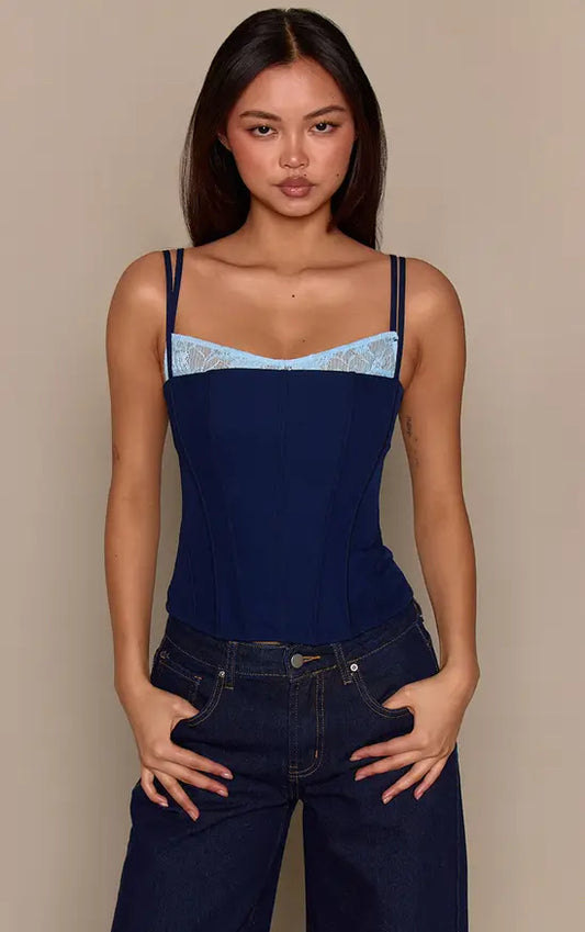 Woven Contrast Lace Detail Strappy Corset