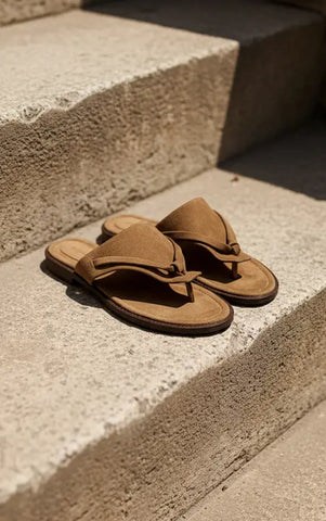 Taupe Faux Suede High Vamp Toe Thong Sandals