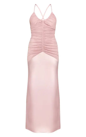 Baby Pink Ruched Detail Satin Maxi Slip Dress